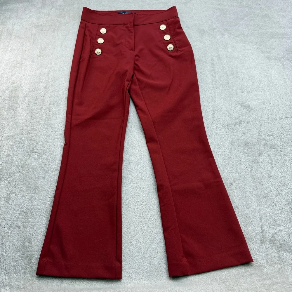 JL Atelier Sailor Pants Women S Burgundy Red Gold Button Flare High Rise Trouser